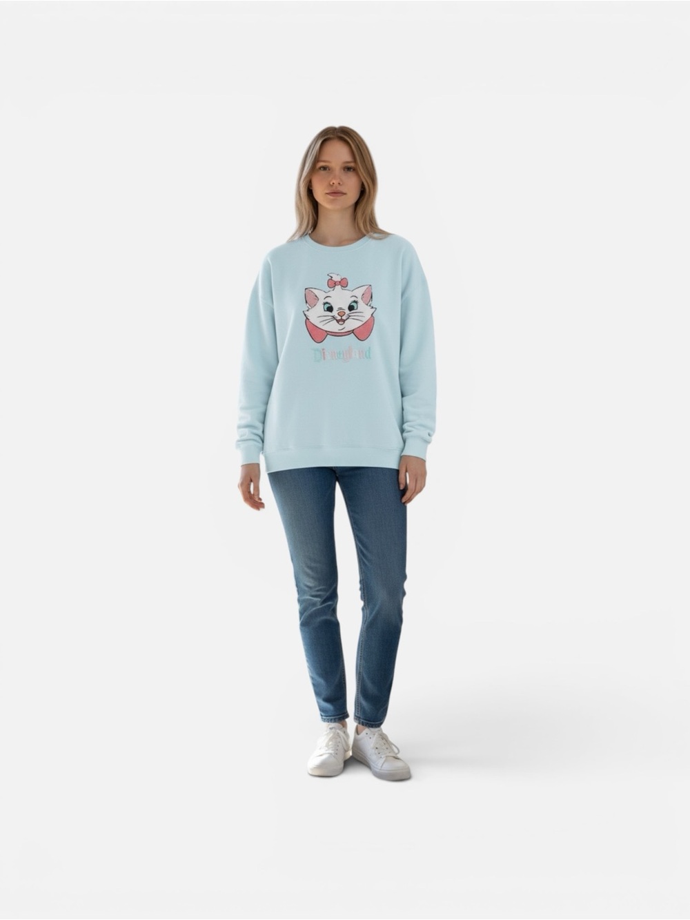 Disney Light Blue Sweatshirt with Pink Bow Cat Graphic